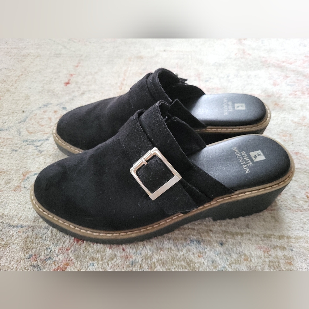 White Mountain Black Mules with Silver Buckle, Size 8